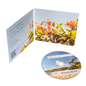 CD Wellness Musik Volume 1, gemafreie Entspannungsmusik, Cover aufgeklappt mit CD
