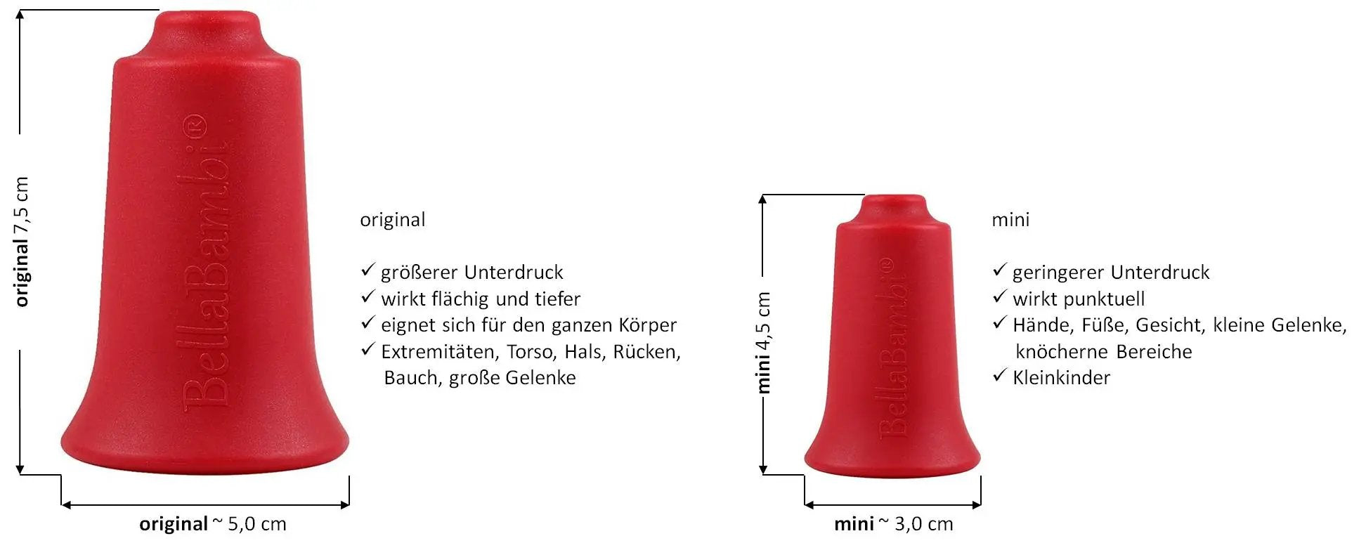 BellaBambi Mini Solos, Cupping Tool, Größenvergleich