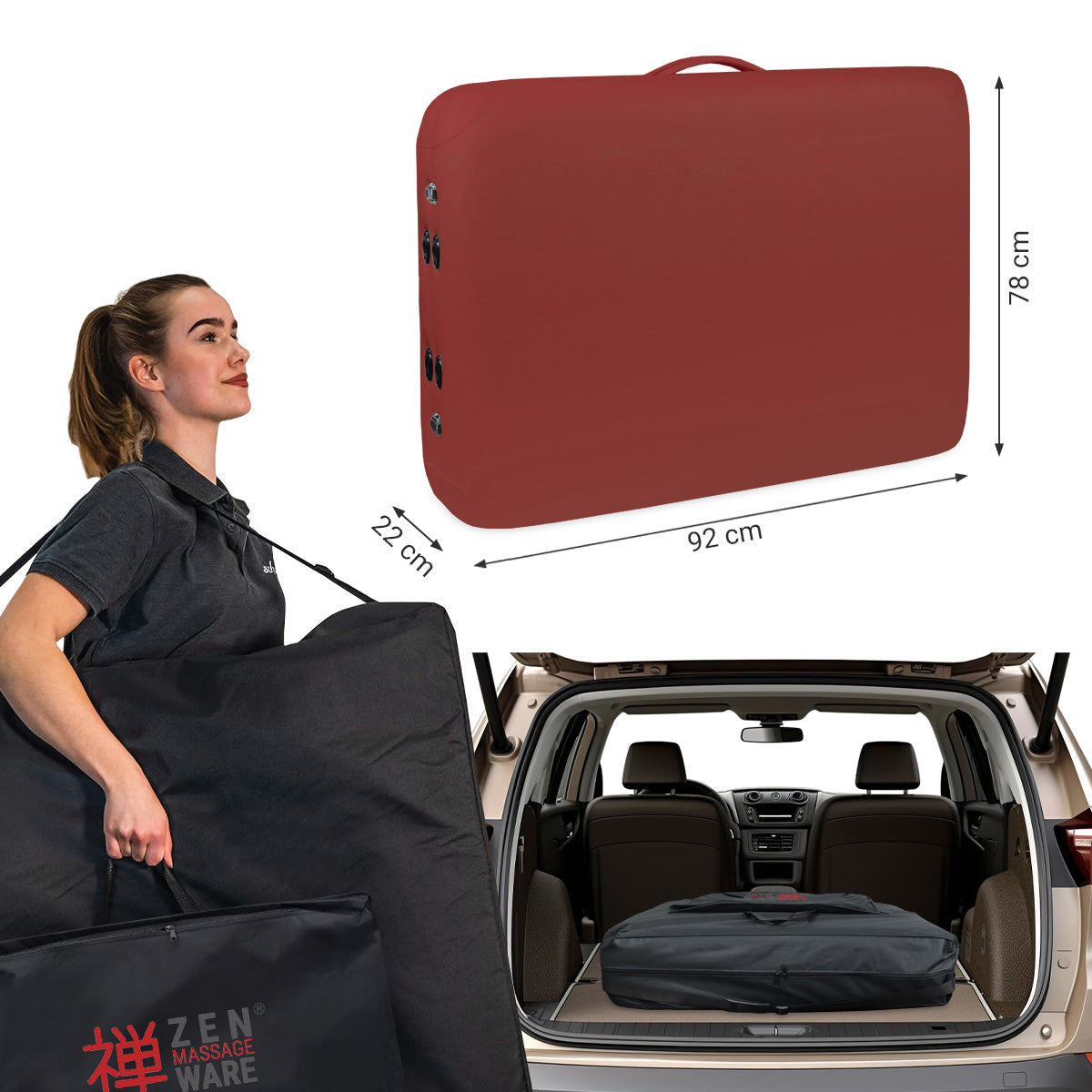 Massageliege Zen Relax, Koffermaß, burgund