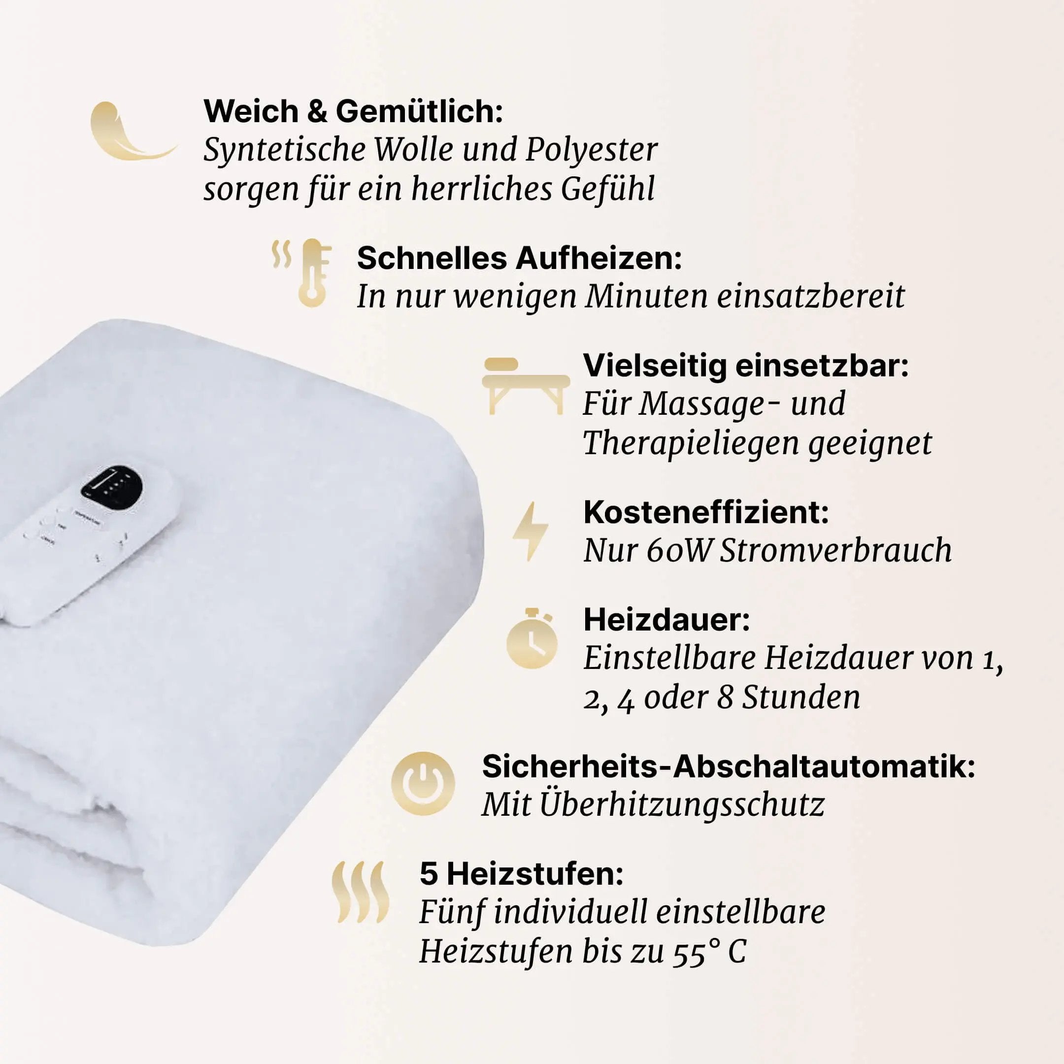 Heizdecke für Massageliegen, Zen Massage  Ware, Farbe weiß, Vorteilsübersicht
