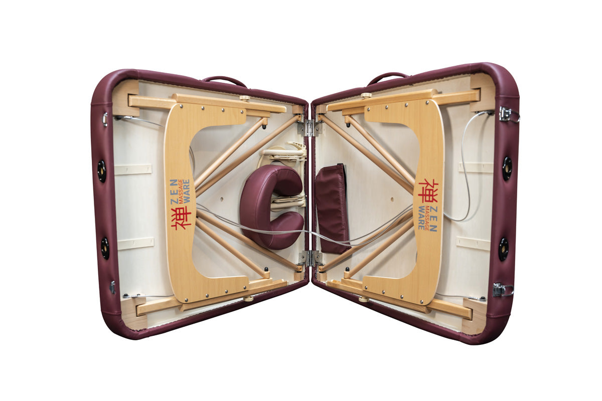 Zen Relax, klappbare Massageliege, Farbe Burgund, Ansicht Faltmechanismus